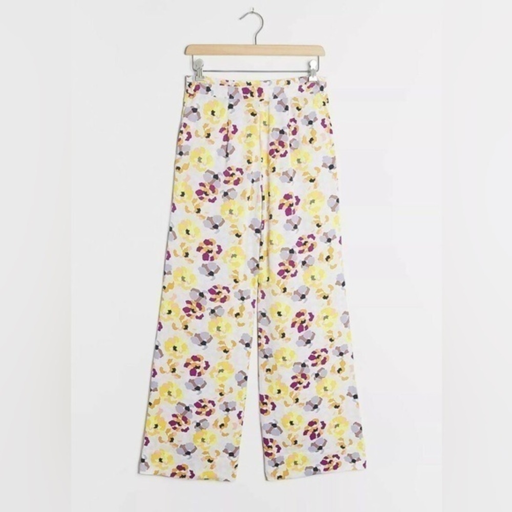 Anthropologie Maeve Floral Wide Leg High Rise White Trousers Womens size 10